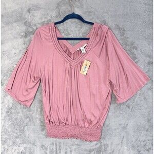 American Rag Cie Top XL Womens Rose Pink V-Neck 1/2 Sleeve Elastic Waist NWT